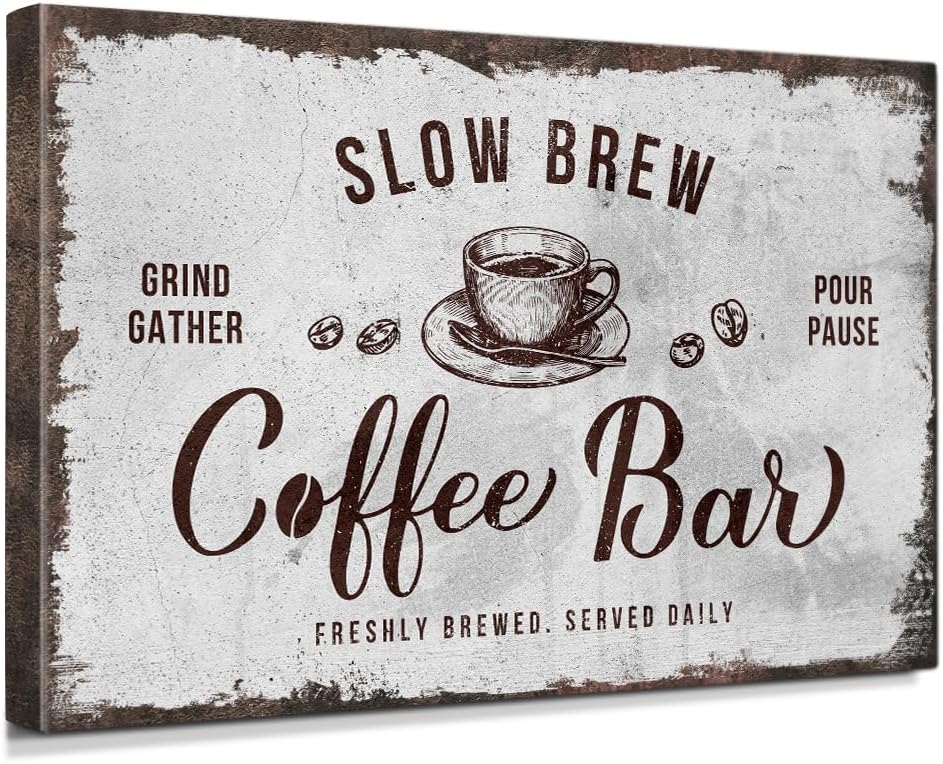 IPIC - Rustic Coffee Bar Sign Slow Brew, Large Canvas Wall Art Print for Home or Cafe, Rustic Style Wall Decor for Home Kitchen or Business, Made in USA