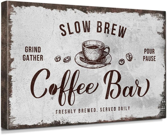 IPIC - Rustic Coffee Bar Sign Slow Brew, Large Canvas Wall Art Print for Home or Cafe, Rustic Style Wall Decor for Home Kitchen or Business, Made in USA