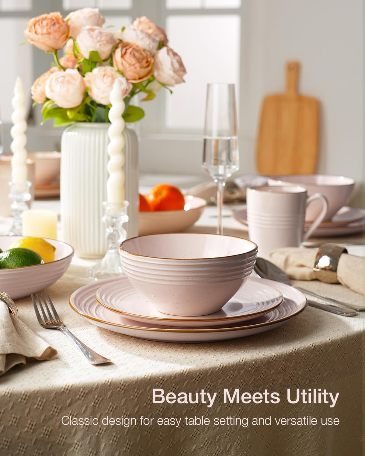 Famiware Jupiter Dinnerware Set, Plates and Bowls Dish Sets for 6 (18 Pieces), Microwave and Dishwasher Safe Stoneware Speckled Tableware, Chip and Scratch Resistant, Light Pink