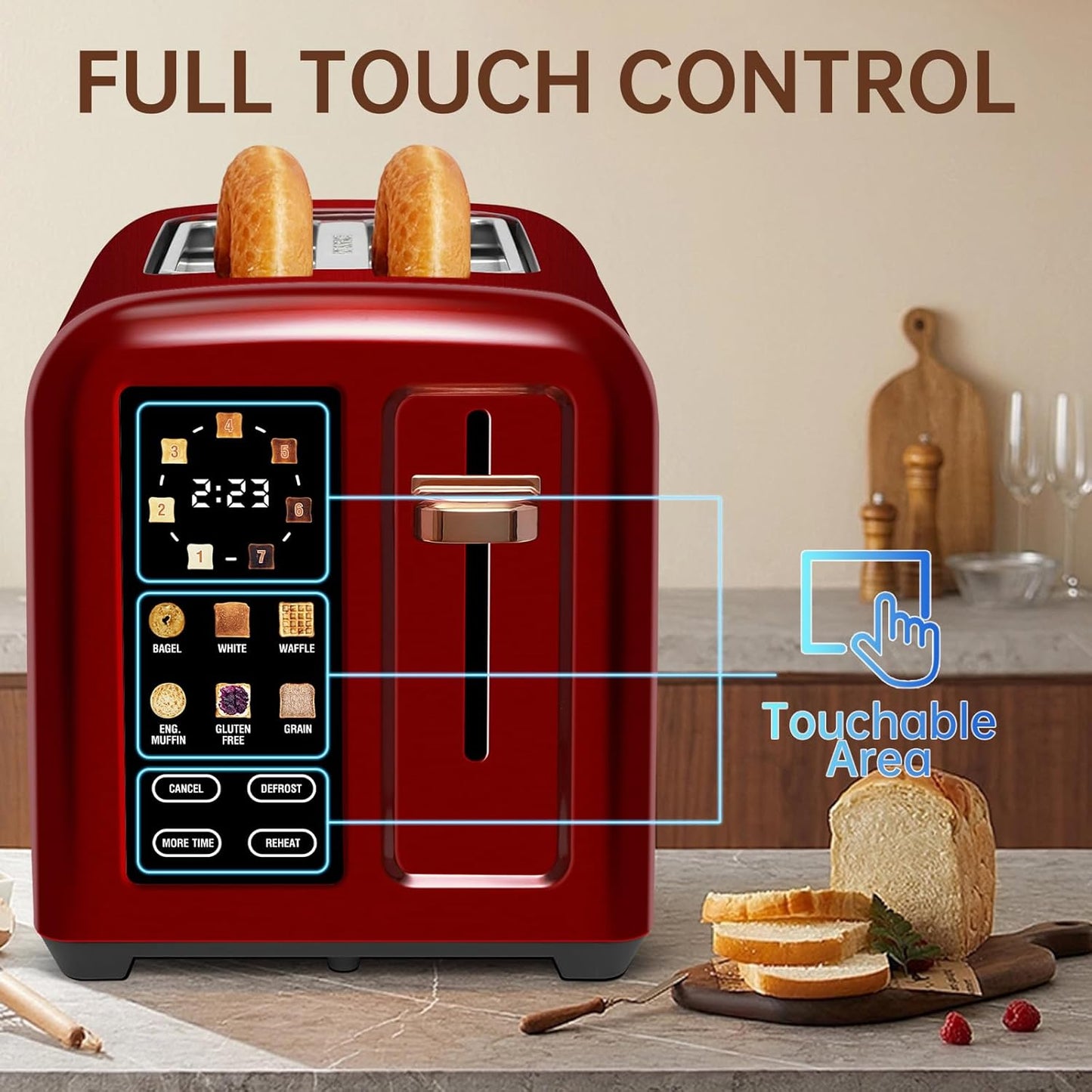 SEEDEEM Toaster 2 Slice, Touch Control Stainless Toaster LCD Display, 50% Faster Heating Speed, 1.4'' Wide Slots, More Timer Functions, Removable Crumb Tray, 1350W, Dark Cherry
