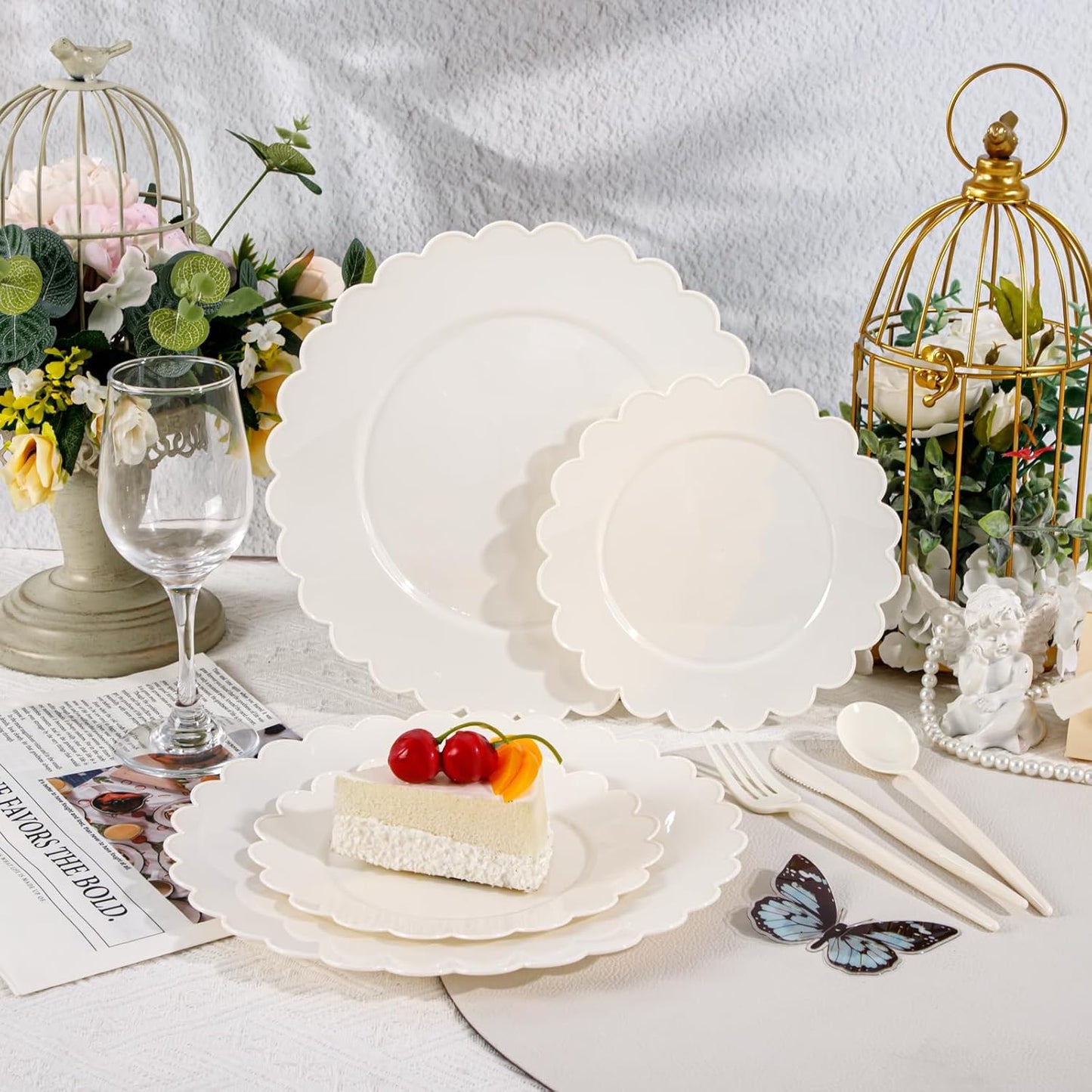 WONDERFUL 150 Pcs Ivory Plastic Plates for Party Disposable Heavy Duty Thanksgiving Plates Ivory Plastic Dinnerware Sets for 30 Guests - 60 Disposable Plate 90 Silverware Sets Scalloped Vintage Design