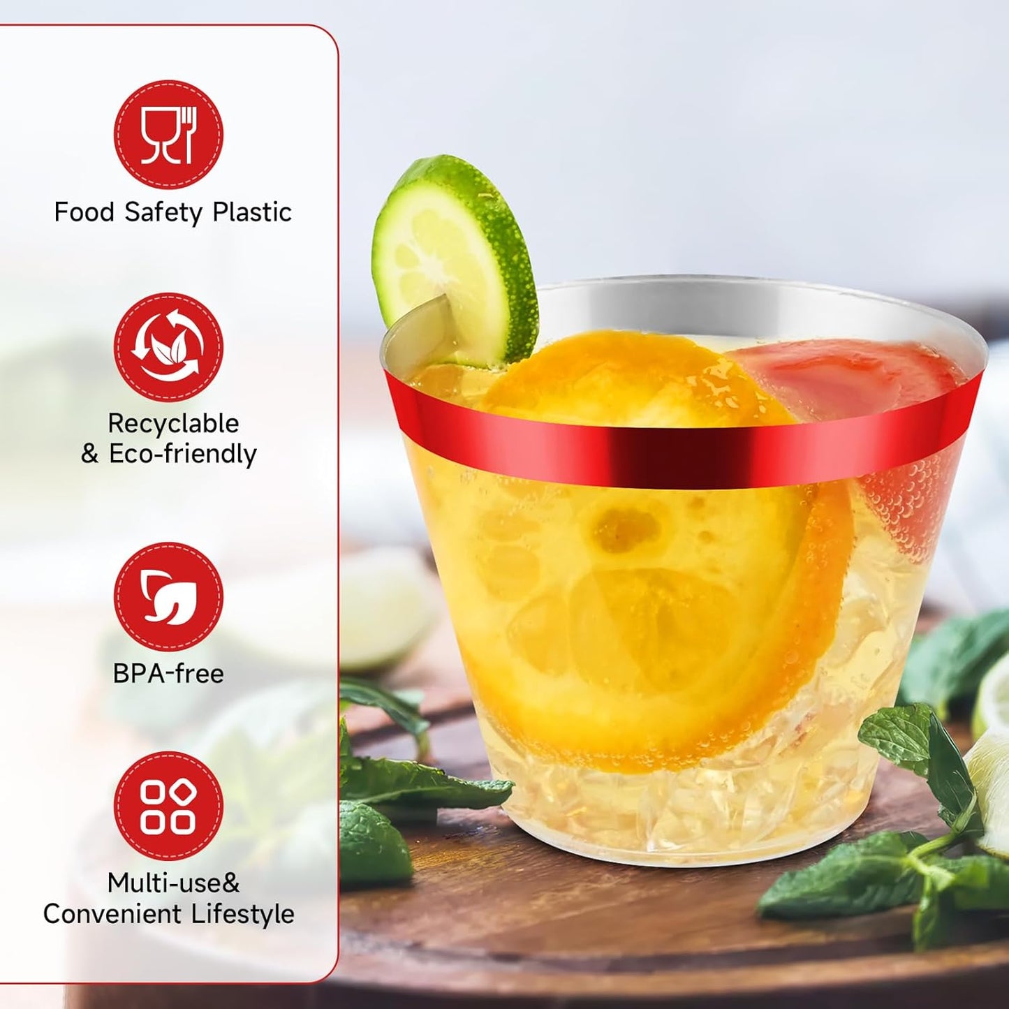 100pcs Red and Clear Plastic Cups, 9oz Plastic Cups Red Rimmed Disposable Cocktail Glasses Fancy Disposable Cup Drinking Tumblers Shot Cup for Wedding Party