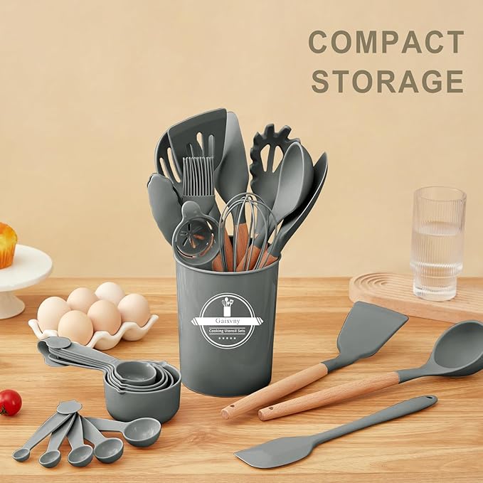 Kitchen Utensils Set - 34 PCS Non-Stick Silicone Cooking Utensils Set with Wooden Handle,Kitchen Gadgets Tools Set for Nonstick Cookware (Gray-34P)