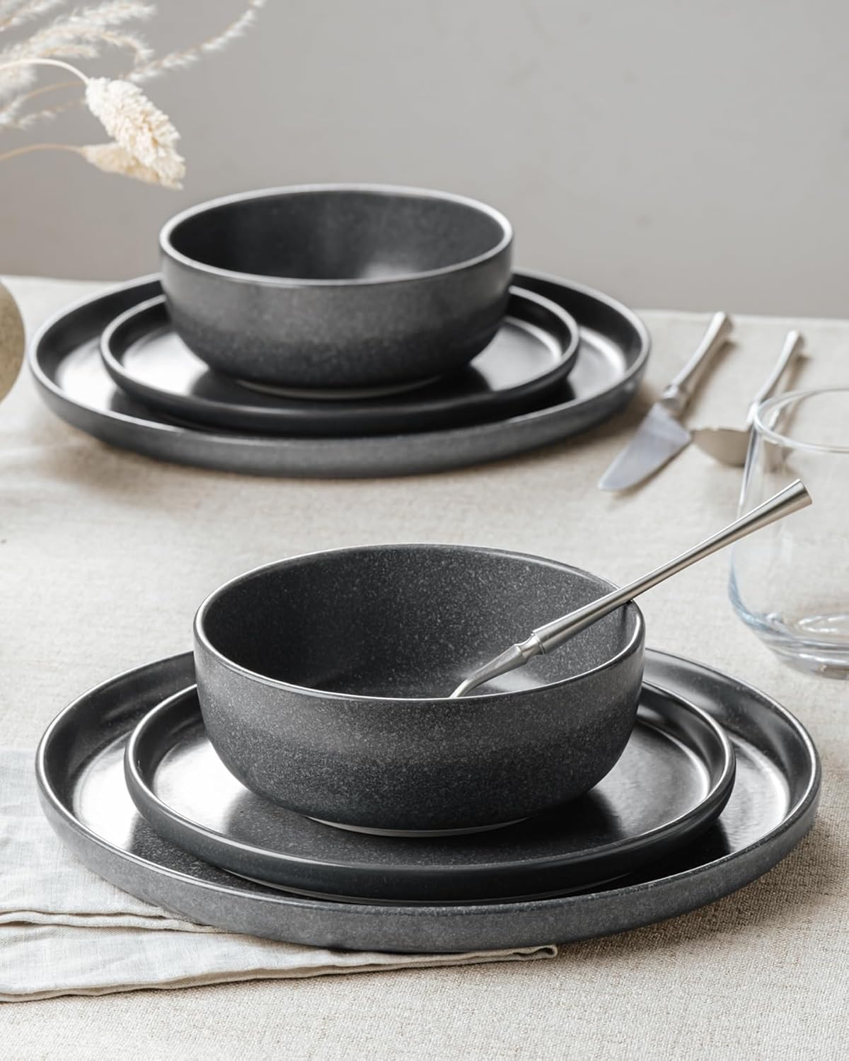 Famiware Milkyway Stoneware Dinnerware Sets with Pasta Bowls, Service for 4 (16 Pieces), Reactive Glaze Plates and Bowls Sets, Microwave and Dishwasher Safe Dishes Set, Matte Dark Charcoal