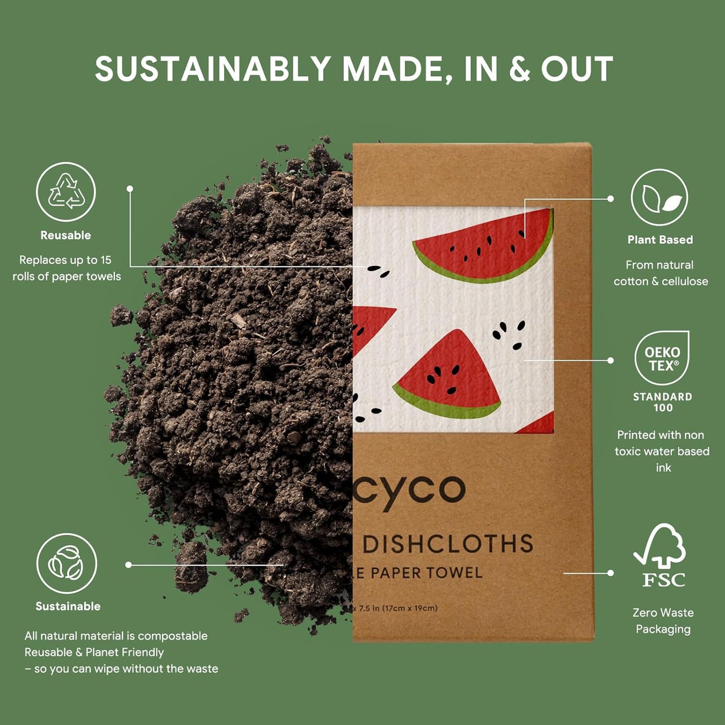 RECYCO Swedish Dishcloths for Kitchen | 6 Pack Tropical Fruit Washable Dish Rags | Cellulose Reusable Cleaning Paper Towels | Absorbent Counter Dish Cloth Sponge Kitchen Wipes, 8" L x 7" W