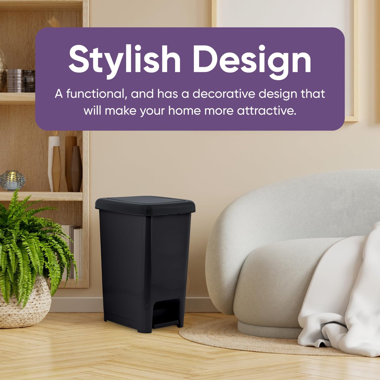 Superio Slim Step On Trash Can 6.5 Gallon, Black Waste Bin with Foot Pedal Lid 26 Liter, Kitchen, Under Desk, Office, Bedroom, Bathroom