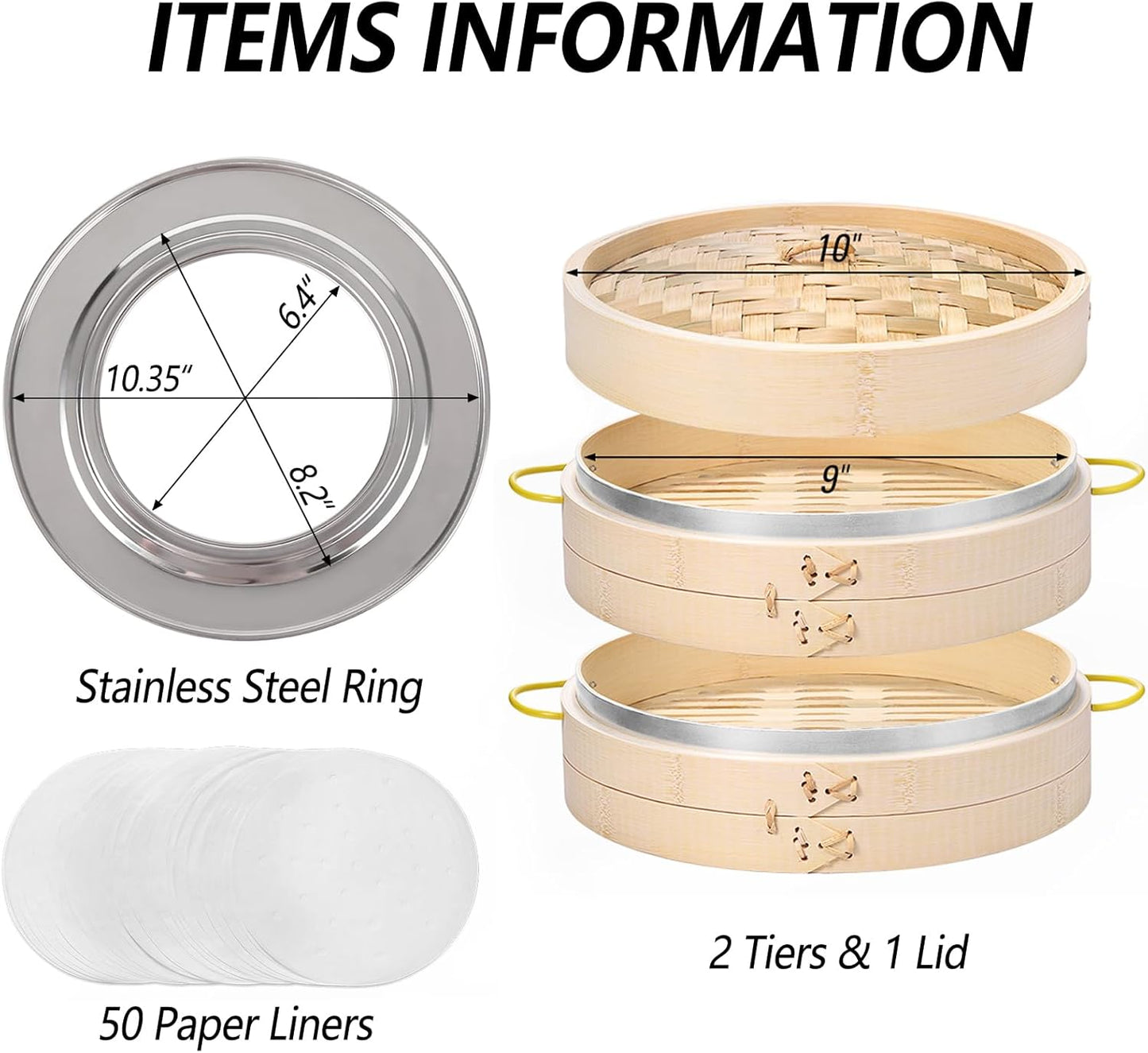 MacaRio Bamboo Steamer Basket Set 10 inch Steamer for Cooking, with Side Handles, Ring Adapter, Paper Liners, for Dim Sum Dumplings Buns Seafoods Vegetables Rice Asian Foods