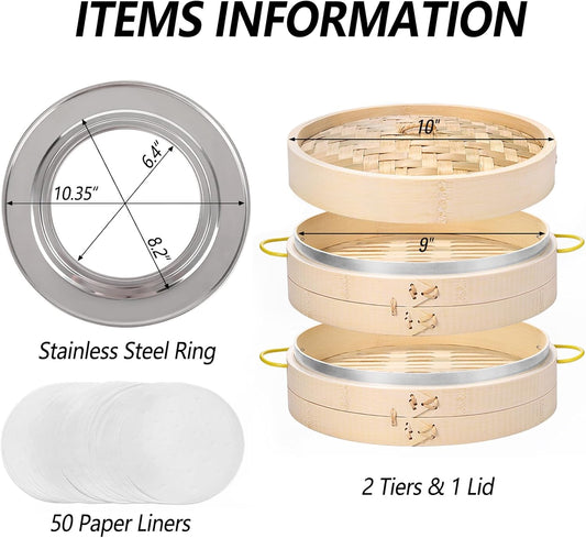 MacaRio Bamboo Steamer Basket Set 10 inch Steamer for Cooking, with Side Handles, Ring Adapter, Paper Liners, for Dim Sum Dumplings Buns Seafoods Vegetables Rice Asian Foods