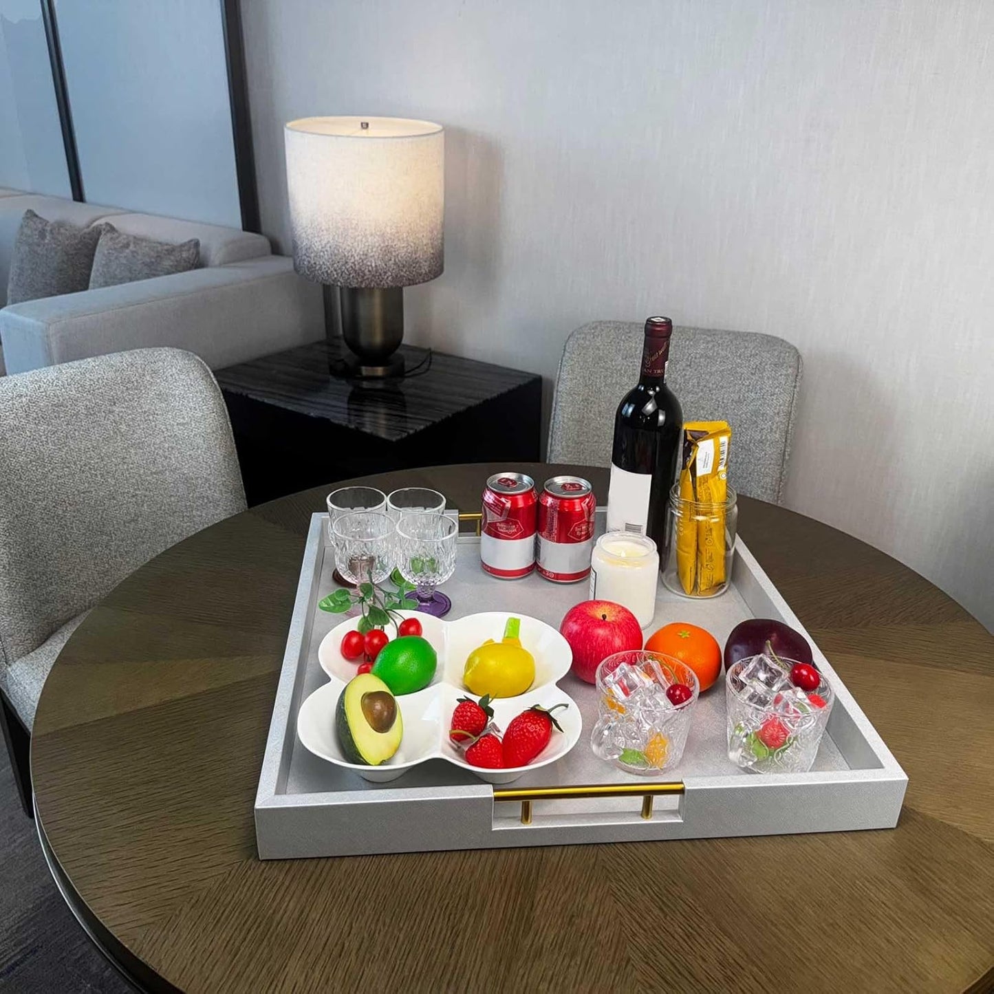 20x20 Inches Large Silver Faux Leather Wrapped Wood Ottoman Tray with Handles for All Occasions, Serving Food Breakfast On Bed, Home Decor Decorative, Living Room,Square Coffee Table Organizer