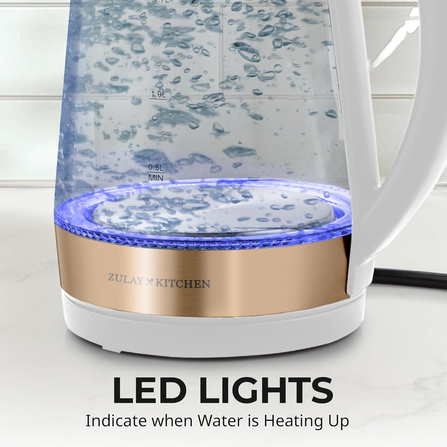 Zulay Kitchen Fast Boiling Electric Water Kettle - 1.7L, 1500W, Auto Shut-Off for Overboil & Boil Dry Protection, Cool-Touch Handle, 360° Base - Rapid Teapot Boiler For Coffee & Tea - White Copper