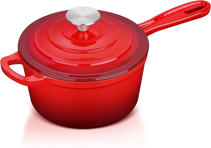Enameled Cast Iron Sauce Pan with Lid, Leonyo 1 Quart Saucepan with Lid, Small Enamel Cast Iron Dutch Oven Kitchen Cookware for All Cooktops Cooking Pasta, Soup, Milk - Up to 500°F & 4.4Lbs, Red