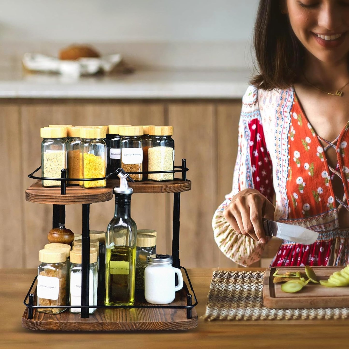 Wooden Spice Rack Organizer Lazy Susans Rotating Countertop 2 Tiered Display Shelf Kitchen Adjustable Height Spinning Spice Rack 11.8INCH Large Capacity Pine Wooden