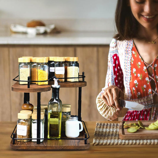 Wooden Spice Rack Organizer Lazy Susans Rotating Countertop 2 Tiered Display Shelf Kitchen Adjustable Height Spinning Spice Rack 11.8INCH Large Capacity Pine Wooden