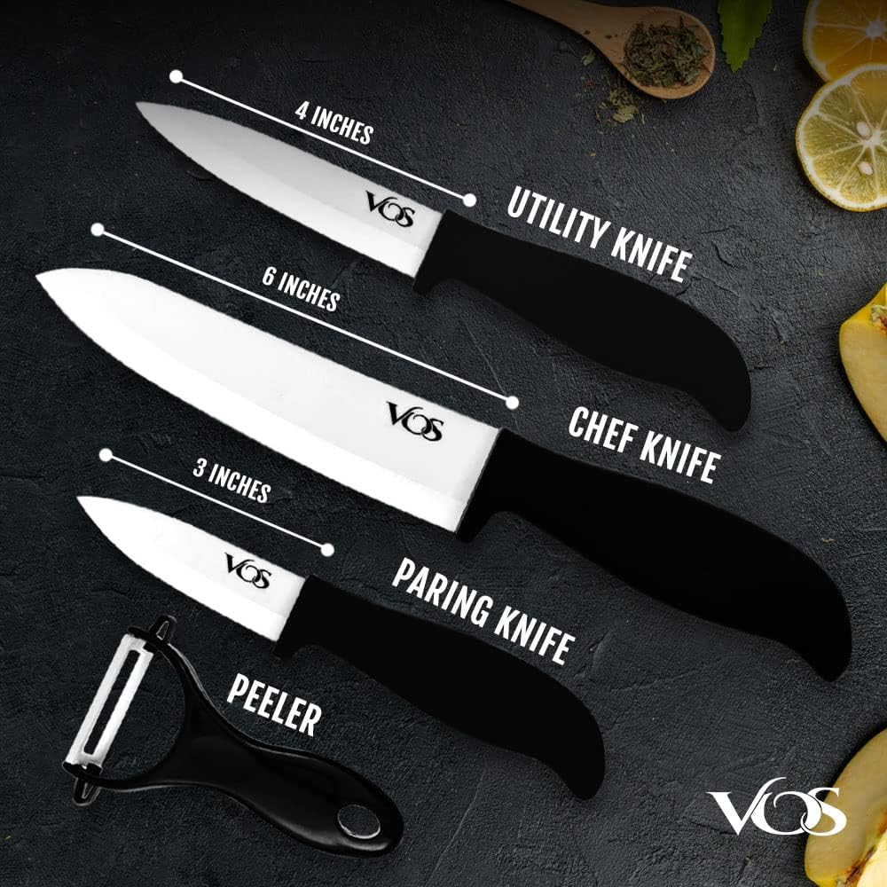 Vos Ceramic Knife Set with Peeler, Ceramic Knives Set For Kitchen, Ultra Sharp Kitchen Knife Set with Covers, 3" 4" 6" Paring, Utility & Chef Knife, Lightweight, Dishwasher safe (Black Handle)