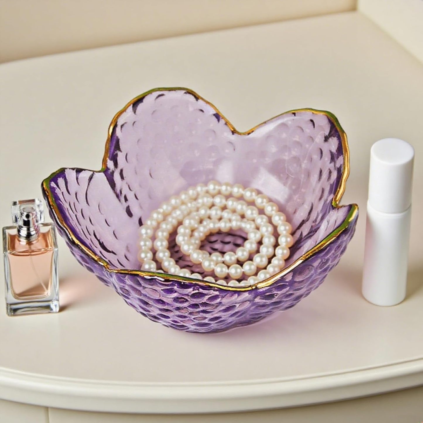 Purple Glass Jewelry Dish Tray, Birthday Gifts for Mom, Crystal Ring Holder for Women, Small Flower Ring Dish Jewlery Plate, Engagement Trinket Jewelry Tray, Nightstand Decor Jewerly Bowl