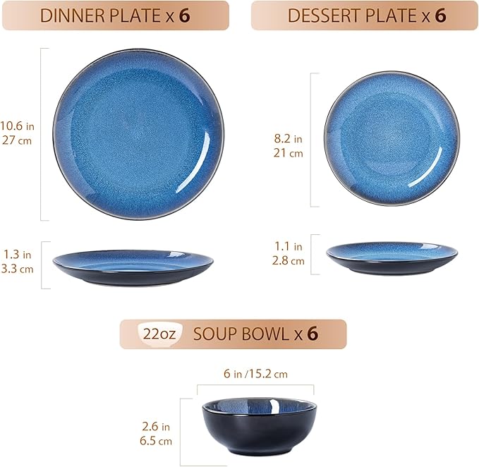 Plates and Bowls Sets for 6 - CJDC-QUELO 18-Piece Stoneware Dinnerware Sets, Ceramic Dishware Set for Indoor Kitchen Use and Formal Dining, Chip and Scratch Resistant Microwave Dishwasher Safe, Blue