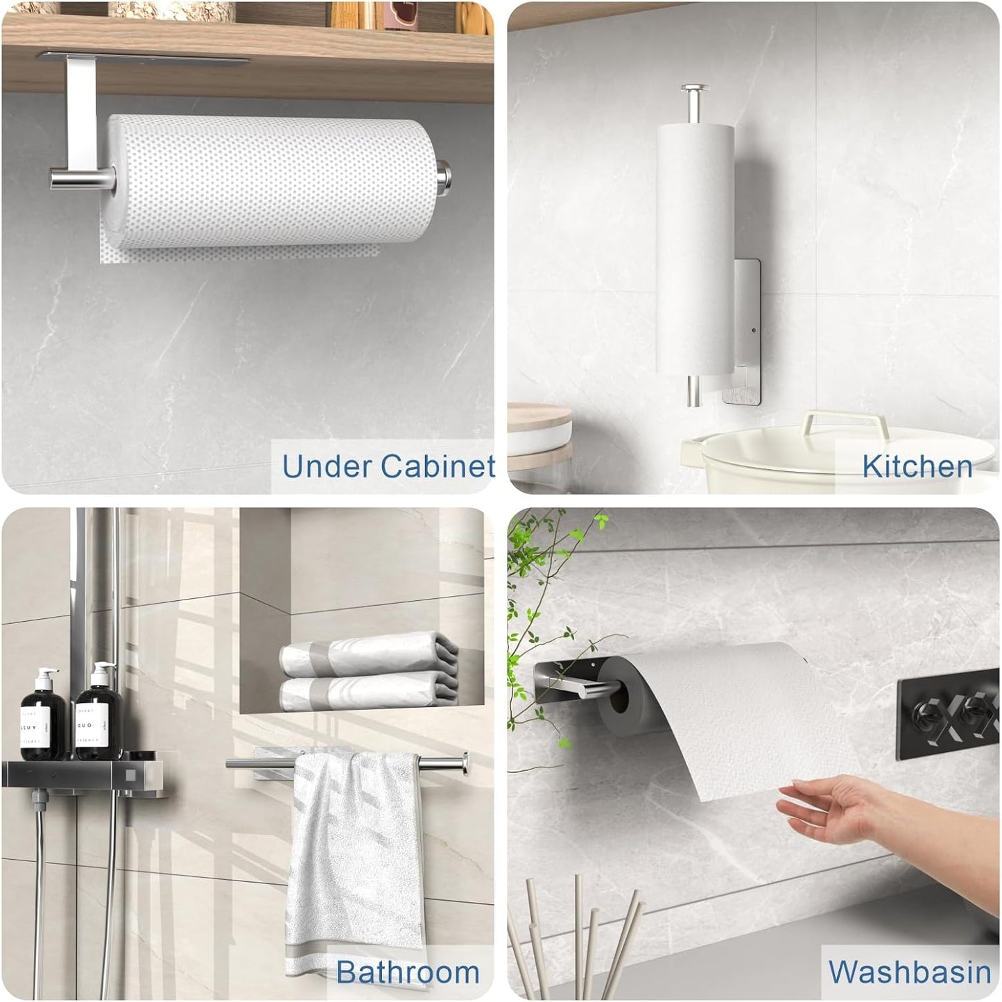Paper Towel Holder Under Cabinet, Upgraded Adhesive Paper Towel Holder Wall Mount for Kitchen, Bathroom, RV, Bend-Resistant, Self-Adhesive or Drill mounting, Stainless Steel, Silver