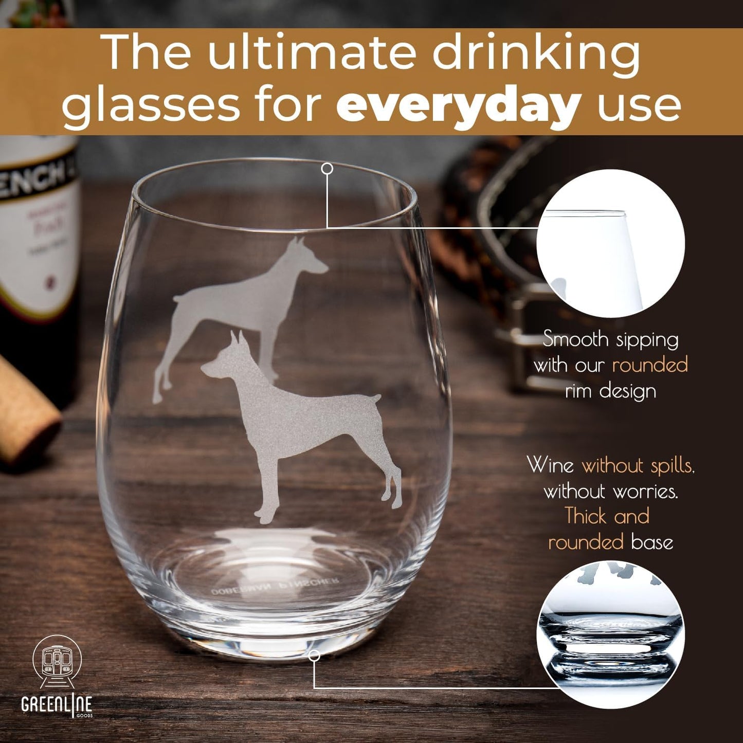Doberman Stemless Wine Glasses (Set of 2) | Unique Gift for Dog Lovers | Hand Etched with Breed Name on Bottom