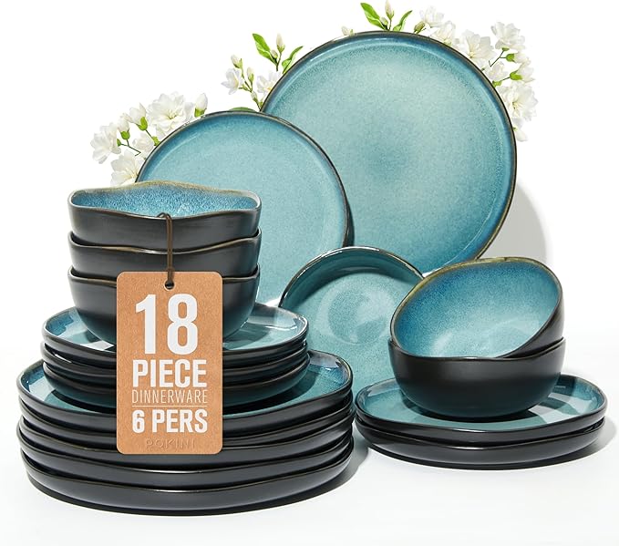 18 Piece Dinnerware Sets for 6, Green Black Reactive Glaze Stoneware | Irregular Artisan Style for Family Dinners, Weekend Gatherings | Scratch‑Resistant, Microwave & Dishwasher Safe