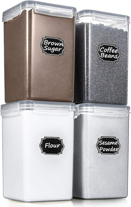 Wildone Extra Large Tall Airtight Food Storage Containers 6.5L/ 5.9QT, Plastic BPA Free Kitchen Pantry Storage Containers 4 Pieces for Flour, Sugar, Rice, with 20 Labels & 1 Marker, Gray
