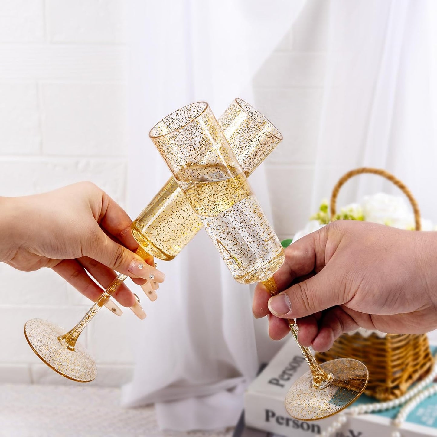 YOUBET 24 Pack Plastic Champagne Flutes - 6 Oz Gold Glitter Disposable Champagne Glasses - Square Plastic Wine Cups Wedding Toasting for Party Birthday Anniversary Thanksgiving