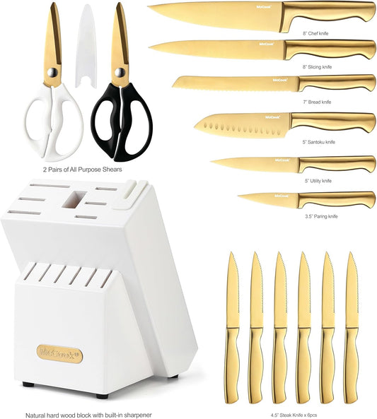 McCook® Knife Sets, Golden Titanium Stainless Steel Kitchen Knife Block Sets with Built-in Sharpener