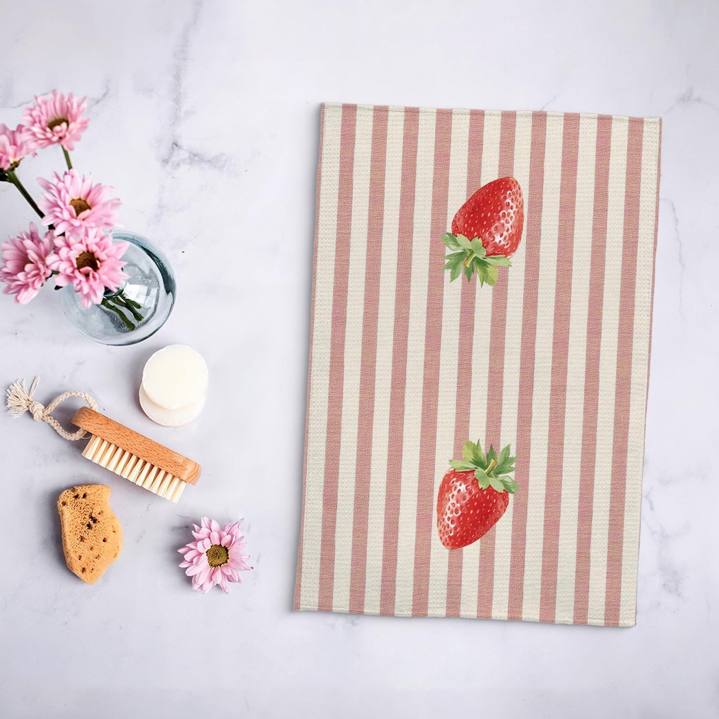 Strawberry Kitchen Towels, Pink and White Striped Summer Strawberry Dish Tea Towels for Kitchen Decor, Fruit Lover Gifts Decorative Hand Towel for Bathroom, 16x24 Inch