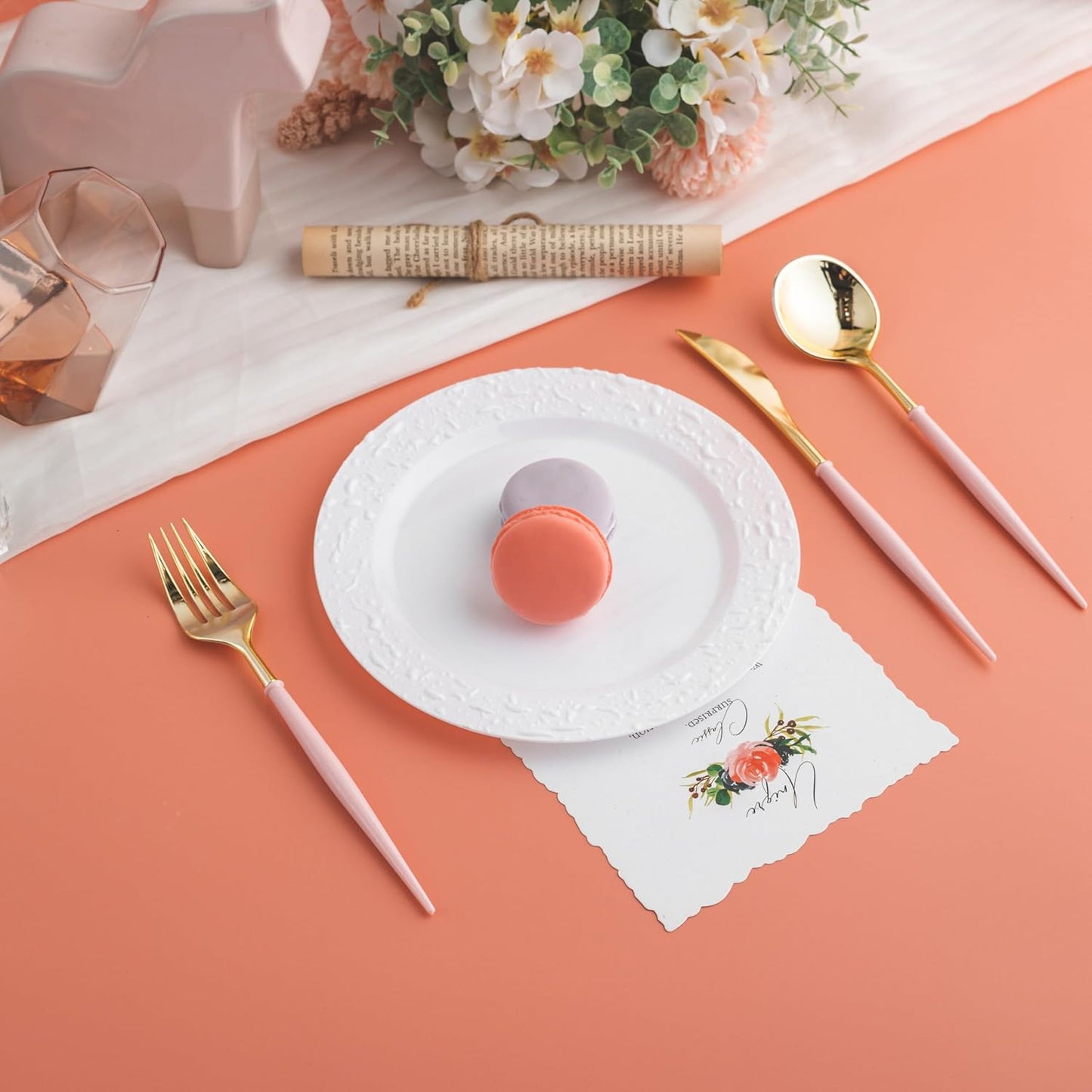 Lullaby 150PCS Gold Plastic Silverware - Disposable Flatware with Pink Handle, Includes 50 Knives, 50 Forks, 50 Spoons, Utensils Plastic disposable for Wedding, Party and Mother's Day