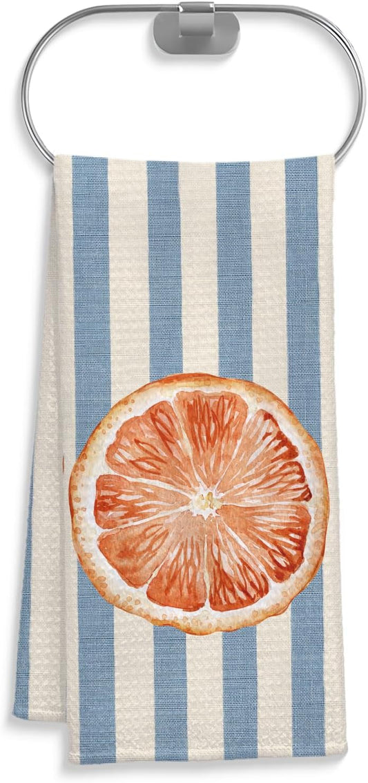 Grapefruit Fruit Kitchen Towels, Blue and White Striped Grapefruit Dish Tea Towel for Kitchen Decor, Fruit Lover Gifts Decorative Hand Towels for Bathroom, 16x24 Inch