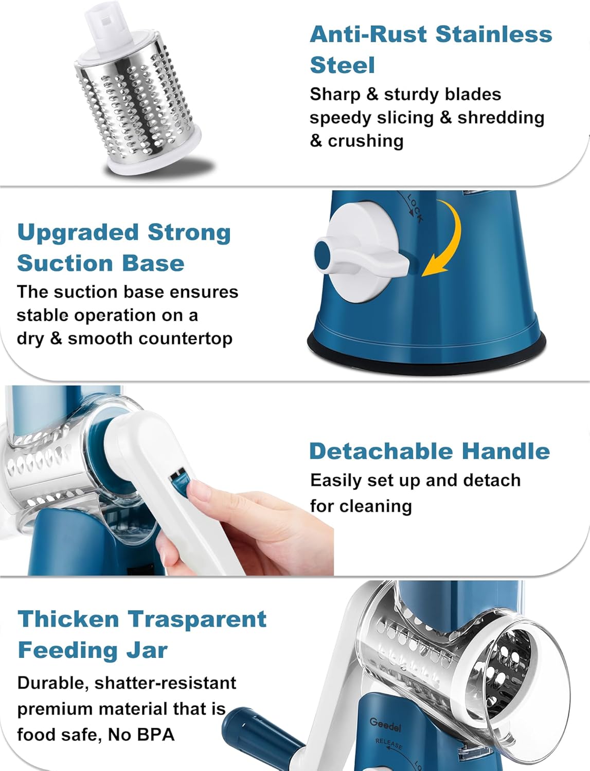 Geedel Rotary Cheese Grater Cheese Shredder - Upgraded 5-in-1 Cheese Grater with Handle and Strong Suction Base, Multi-purpose Vegetable Slicer Ice Shaver Nuts Grinder for Ice, Vegetables, Fruit, Nuts