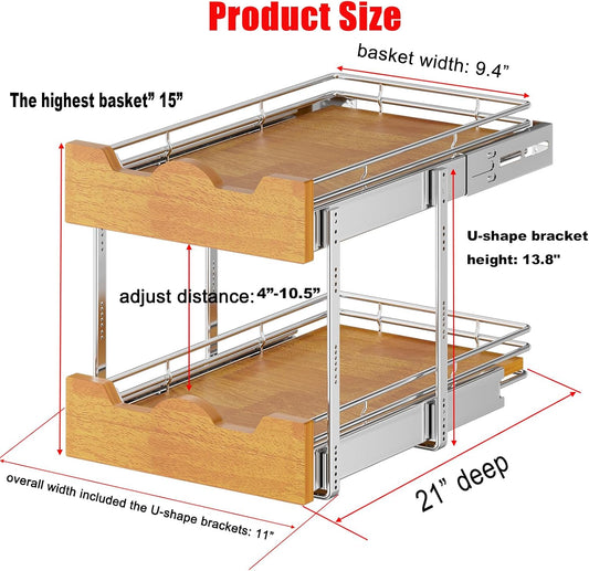 DINDON 2 Tier Pull Out Cabinet Organizer (11" W x 21" D) Slide Out Wood Shelf Organizers Double Tier Kitchen Wire Basket with Chrome Finish…