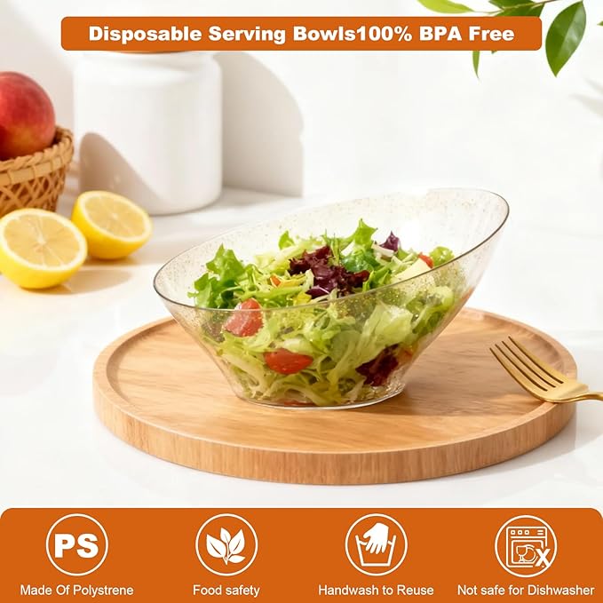 Goodluck 12 Pack Gold Glitter Plastic Serving Bowls for Party - 20 OZ Angled Disposable Serving Bowls for Wedding Party Chip, Candy, Salad & Fruit