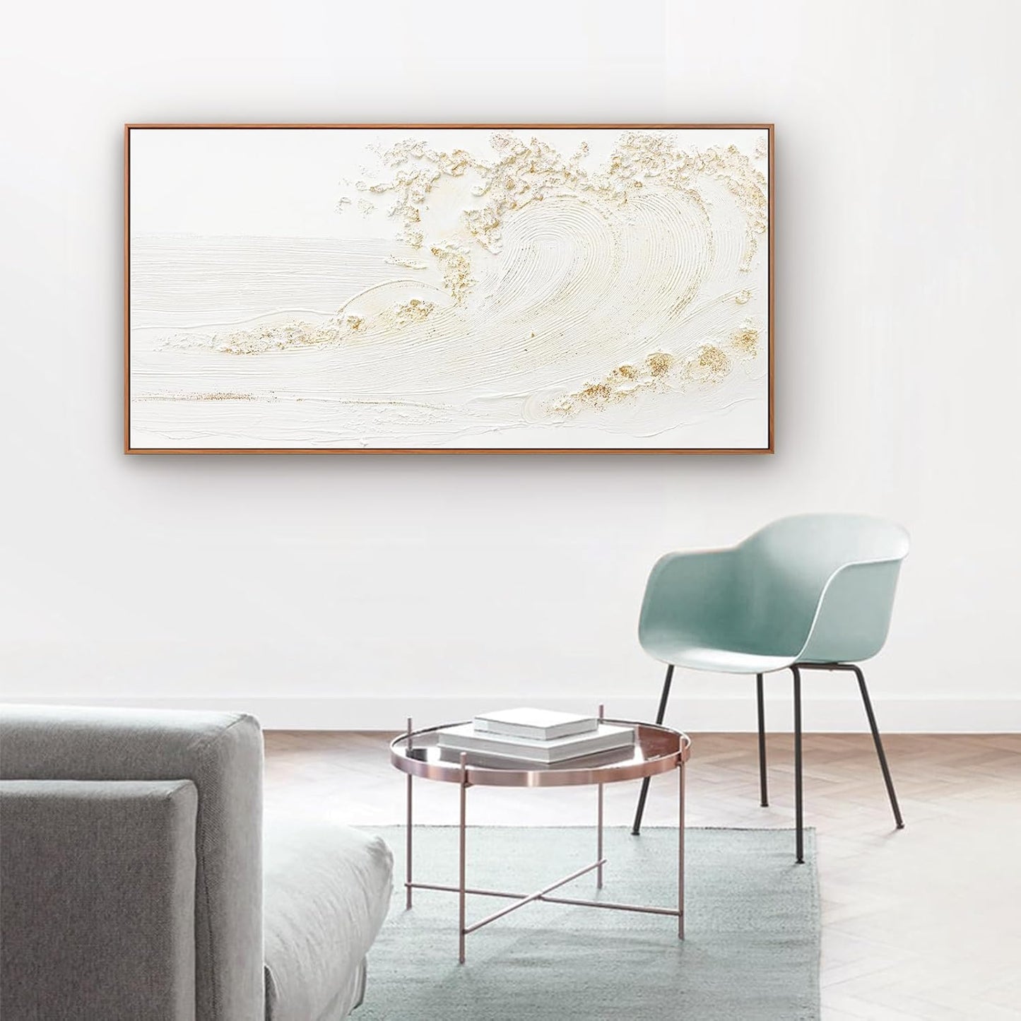 Framed Wall Art Wall Decor Nature Decor Canvas Hand Painted White Wave With Golden Embellishments Artwork Painting Picture For Living Room Bedroom Living Room And Office Wall Decor 24x48 Inch