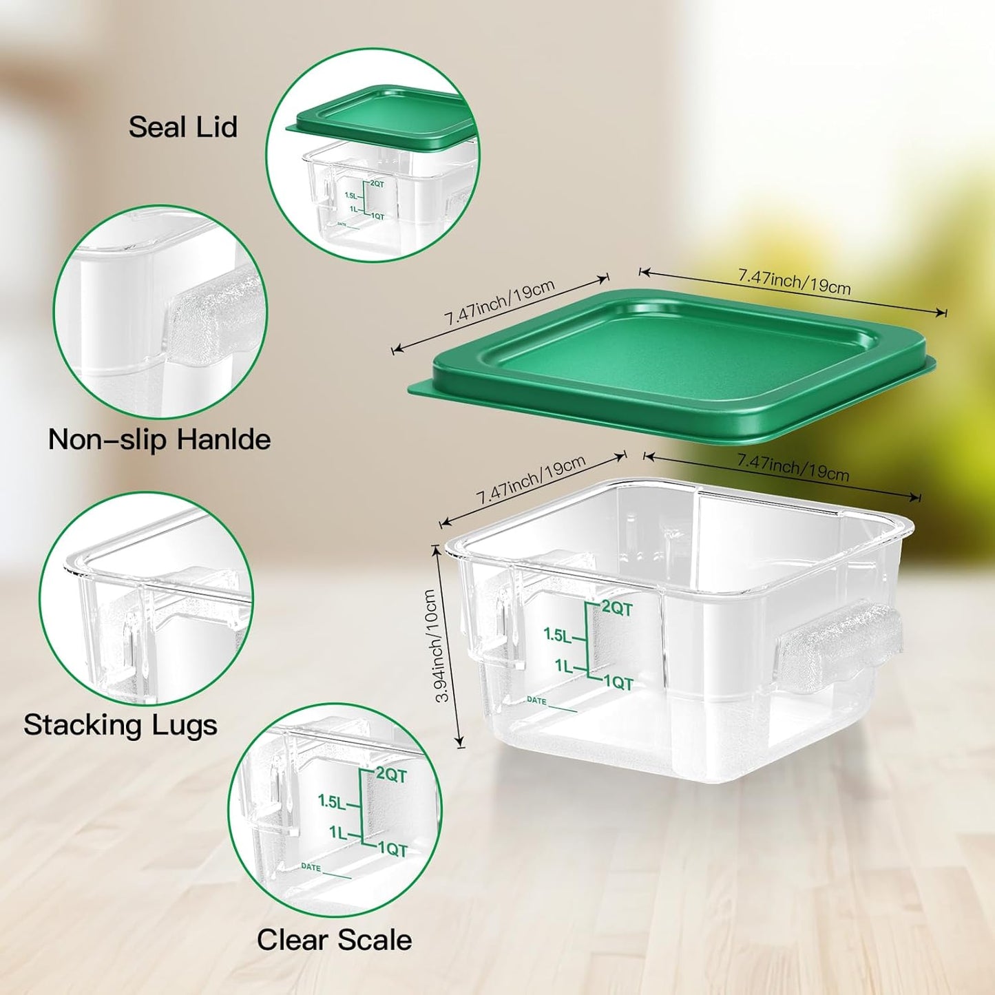 4 pcs 2qt Food Storage Containers with Lid, Square Clear Commercial Food Storage Containers with Handle and Scale for Food Storage in Home Kitchen & Dining (Rreen)