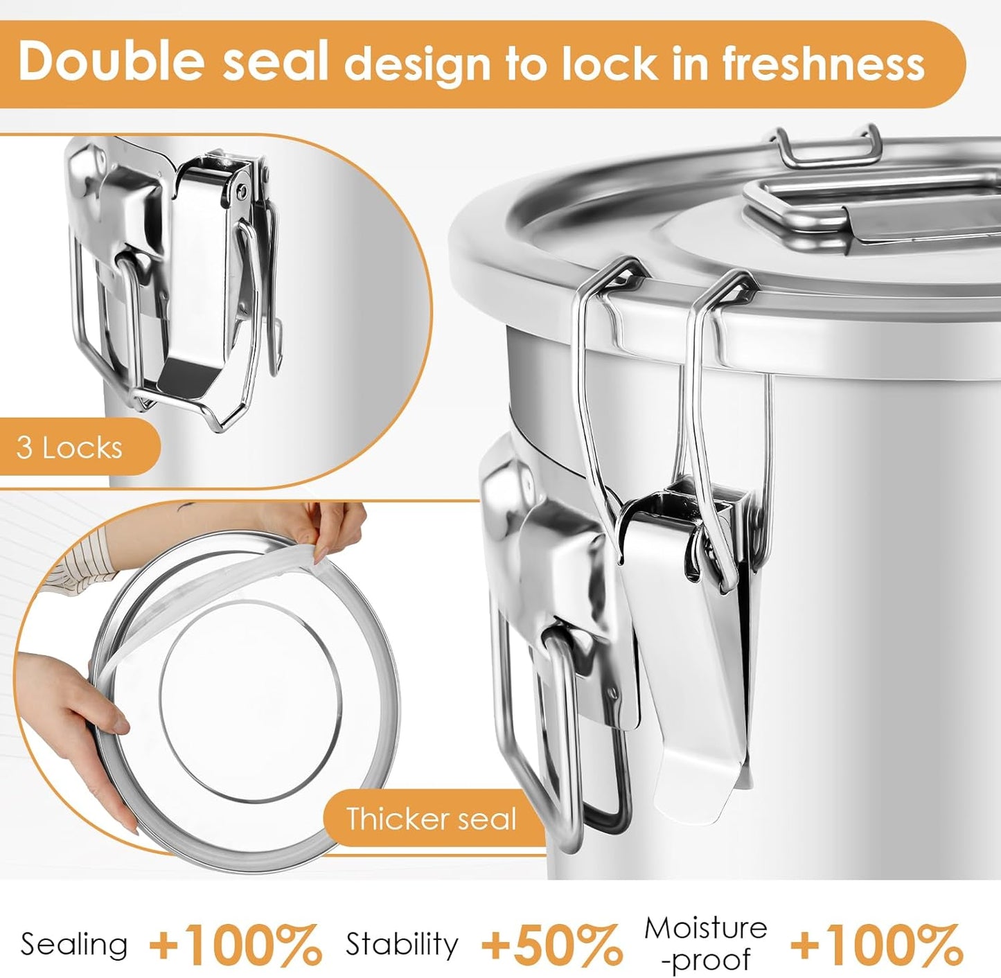304 Stainless Steel Airtight Canister with Lids,20 lbs Large Capacity Food Storage Containers for Rice Flour Sugar Grain Coffee Bean,Airtight Canister for Kitchen & Pantry Organization