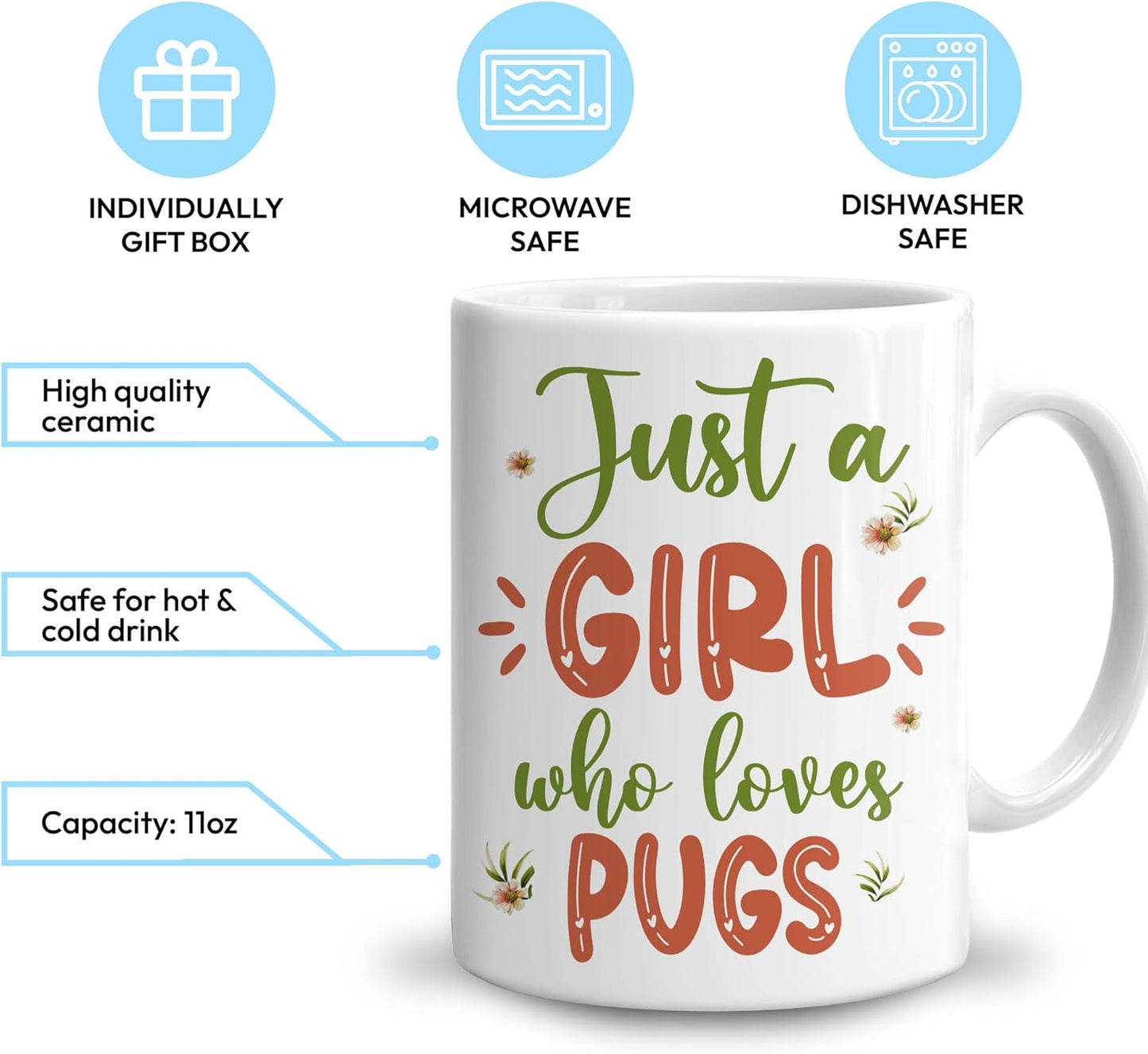 Hyturtle Personalized Gifts Dog Lover - Just A Girl Who Loves Pugs Custom Name Ceramic Coffee Mug Cup 11oz - Idea Cute Animal Lover Gifts For Women, Girl Daughter On Birthday, Christmas