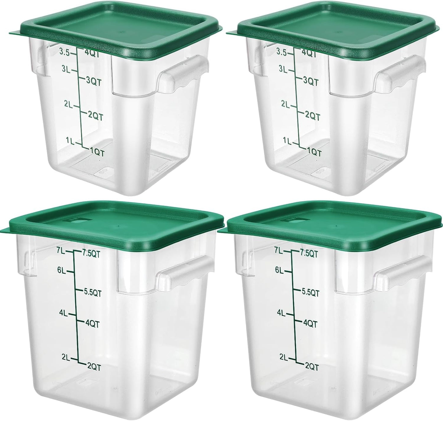 Lallisa 4 Pcs 8 Qt and 4 Qt Clear Food Storage Containers with Lids, Handles and Scales, Commercial Grade Square Containers Polycarbonate Air Tight for Home Storage Kitchen Restaurant(Green)