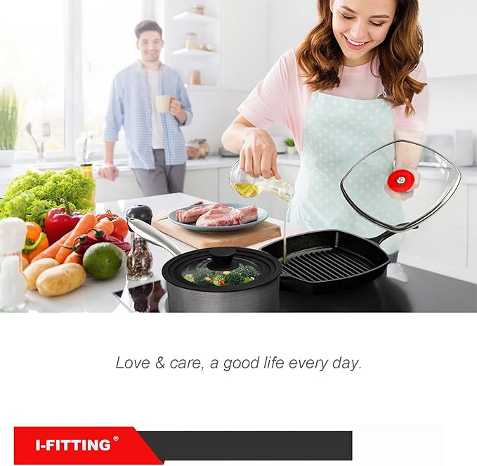 Square Glass Lid for Grill Pans with Steam Vent Hole - Fits Lodge Cast Iron Skillets 10.5inch/26.67cm Silicone Potholder- Square Tempered Glass Lid - Universal Replacement Cover Silicone Knob