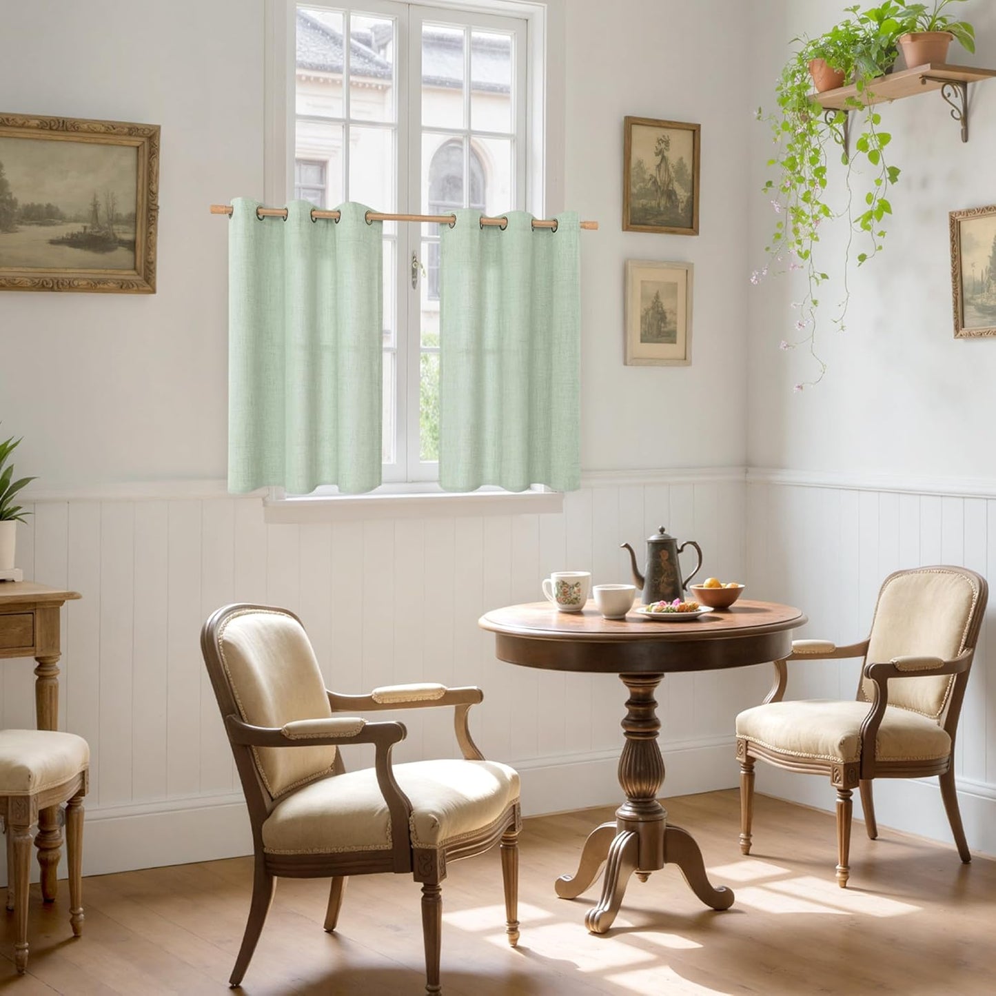 YoungsTex Sage Green Linen Curtains 40 Inches Length for Kitchen Window, Short Semi Sheer Drapes with Bronze Grommet Privacy Light Filtering for Bedroom Bathroom Cafe, 42 x 40 Inch, 2 Panels