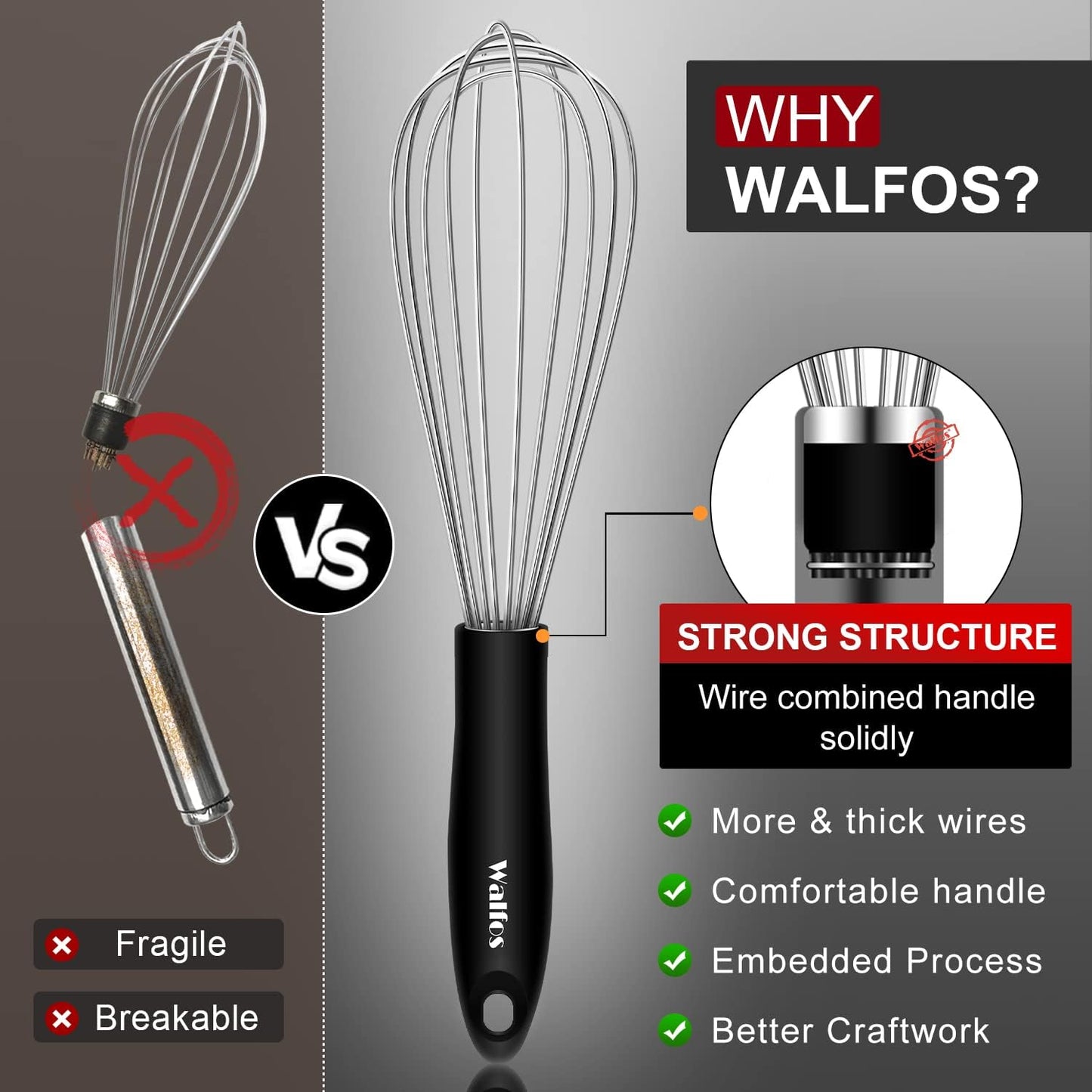 Walfos Whisk,Whisks for cooking set, 304 Stainless steel Whisks,Heat Resistant 600°F.Perfect for Blending Beating Stirring - 11inFlat Whisk and 7+9+11in Balloon Whisk