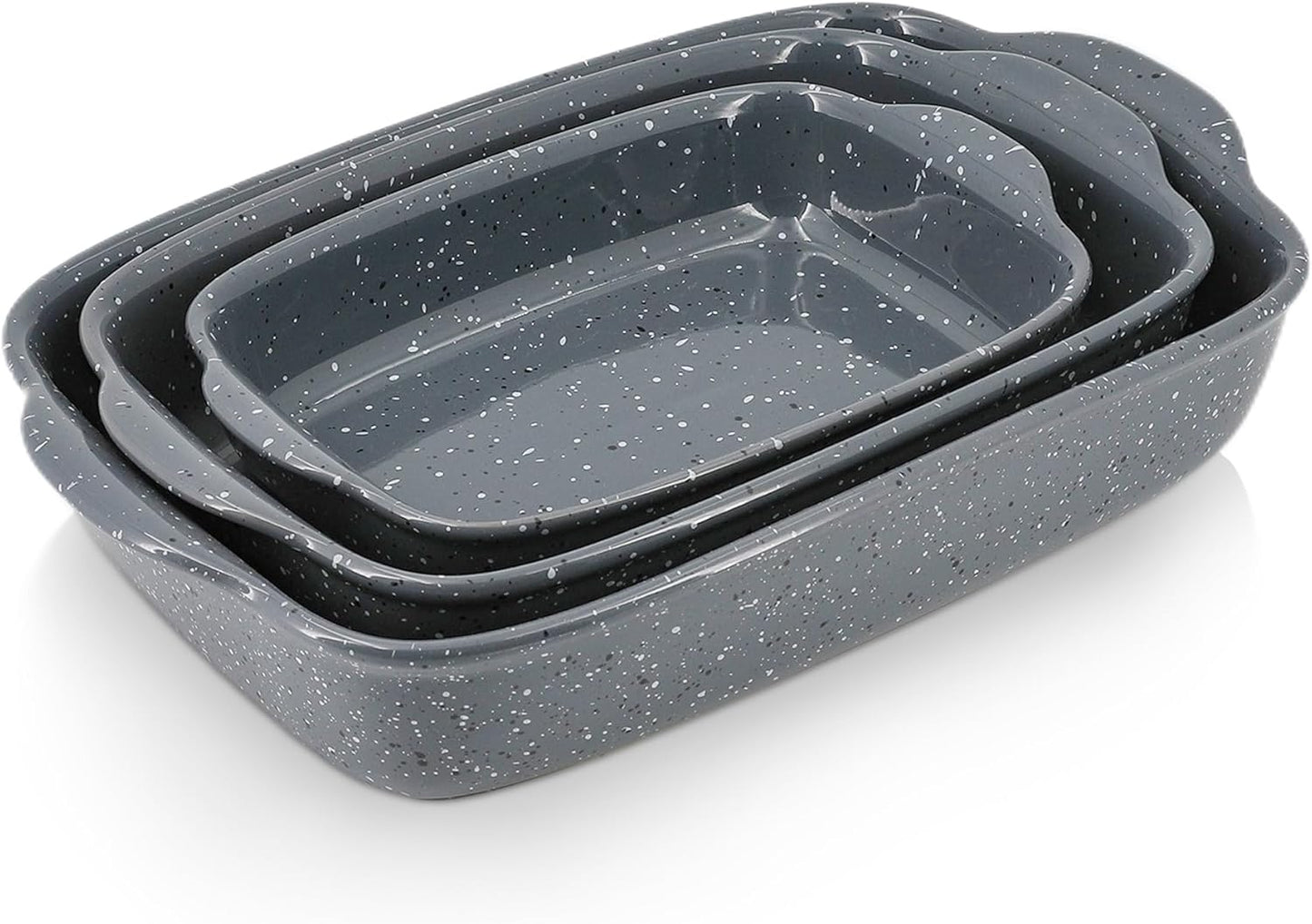 Ceramic Bakeware Dish Set of 3, Rectangular Baking Casserole for Oven,High Heat Resistant,Lasagna Pan Deep with Handles,Handcraft Speckle Series (13.8''/12''/9.6''Grey)