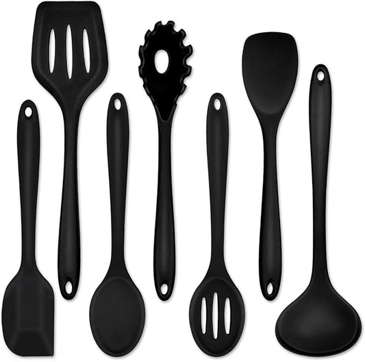 P&P CHEF Silicone Cooking Utensils Set of 7, Heat-proof Kitchen Utensils Set for Nonstick Cookware, Non-stick Spatula, Slotted Turner, Soup Ladle, Pasta Server, Spoon for Cooking Serving - Black