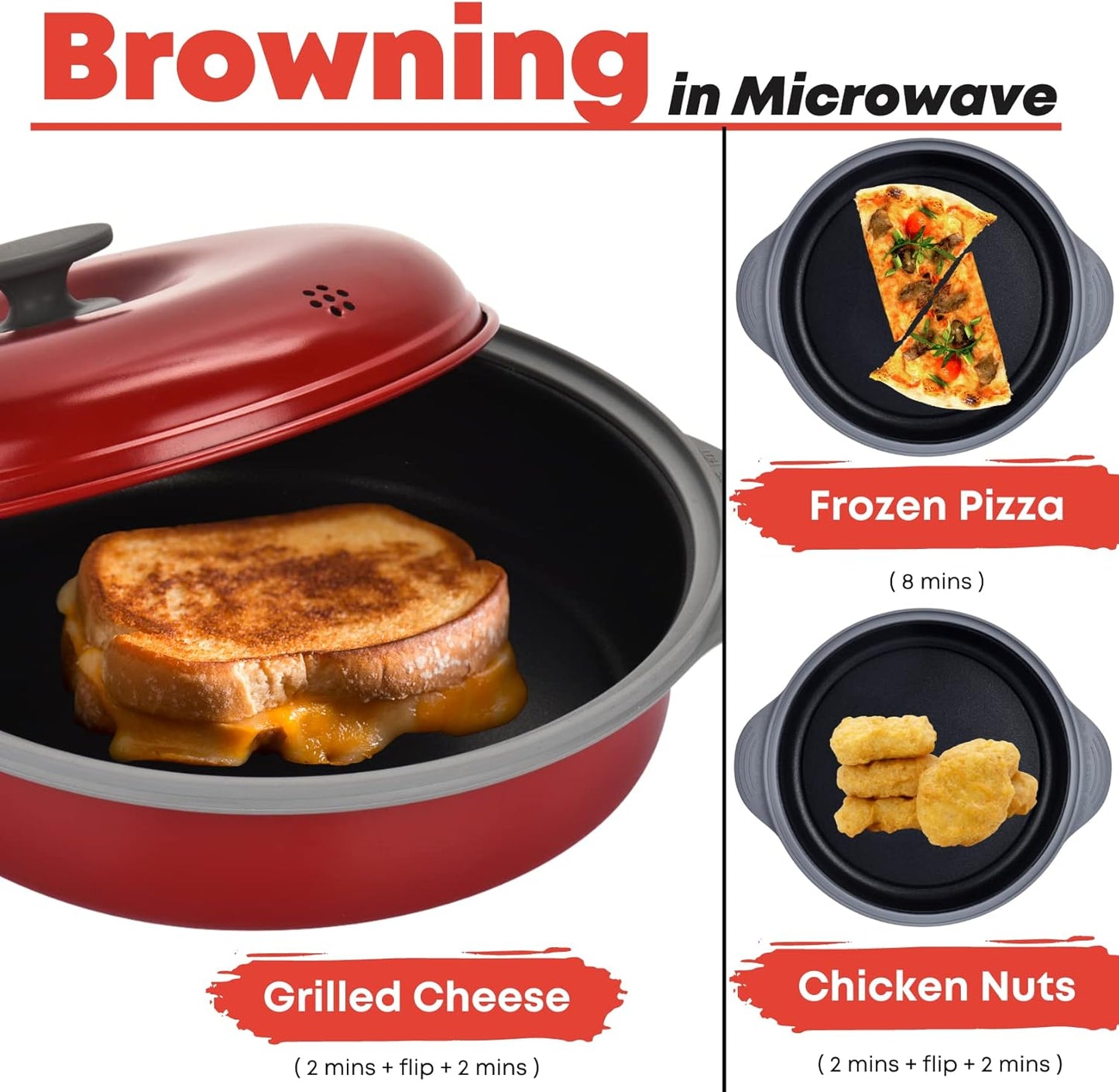 MACONEE Microwave Frying Pan Skillet, Grill & Crisper Pan with Lid Allows You to Fry, Sizzle, and Brown Foods in the Microwave, Micro Cookware for Grilling, Reheating, and Cooking a Variety of Dishes