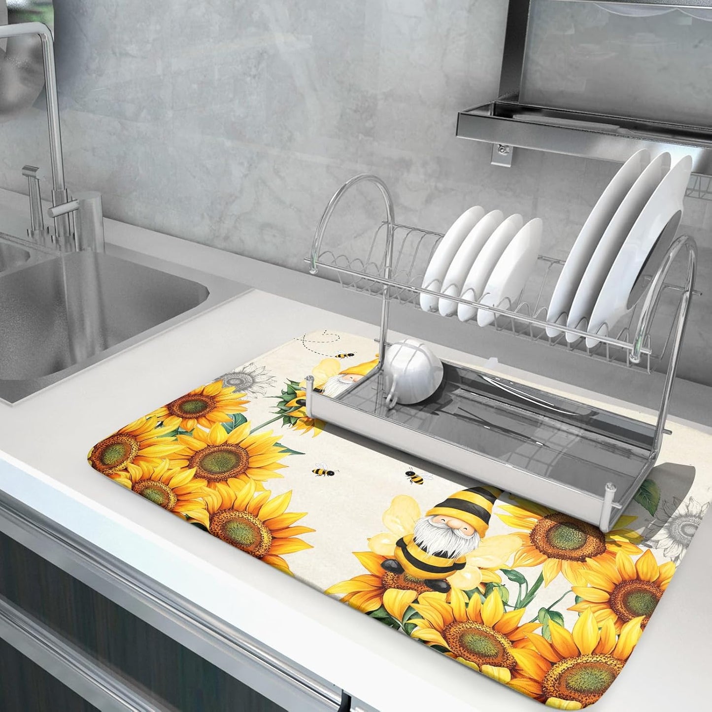 Giwawa Bee Gnomes Dish Drying Mat, Summer Sunflowers Elf Dish Drainer Mats for Kitchen Countertop, Vintage Sunshine Floral Absorbent Reversible Dish Drying Pad Decor, 18x24inches, Large