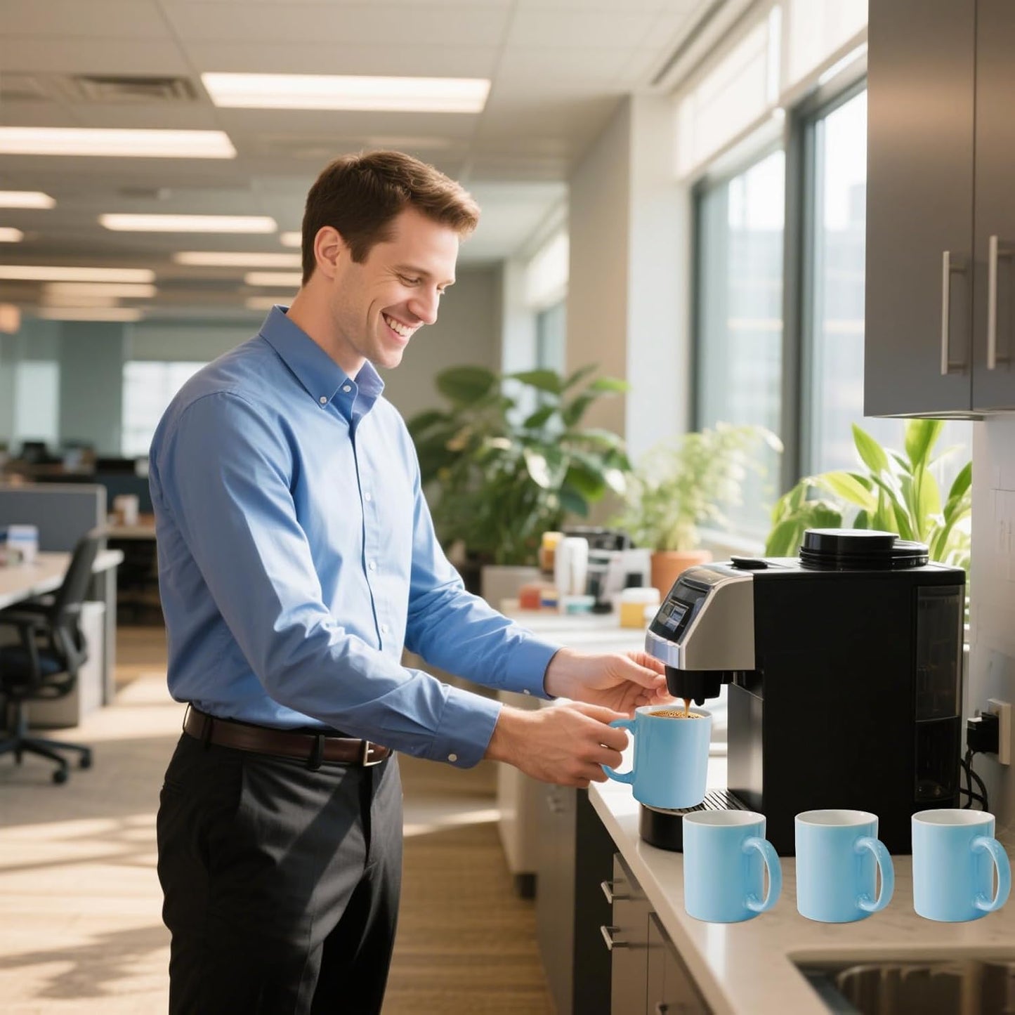 12 oz Cup (4pcs), Plain Gloss Light Blue Ceramic Coffee Mug for Milk Tea, Set of 4