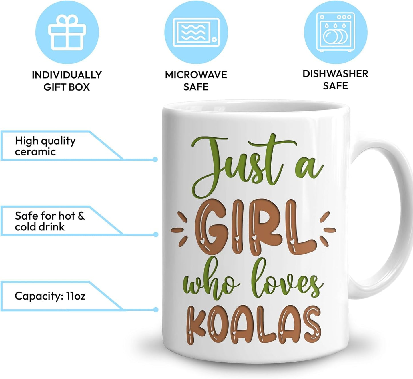 Hyturtle Personalized Gifts Koala Lover - Just A Girl Who Loves Koalas Custom Name Ceramic Coffee Mug Cup 11oz - Idea Cute Animal Lover Gifts For Women, Girl Daughter On Birthday, Christmas