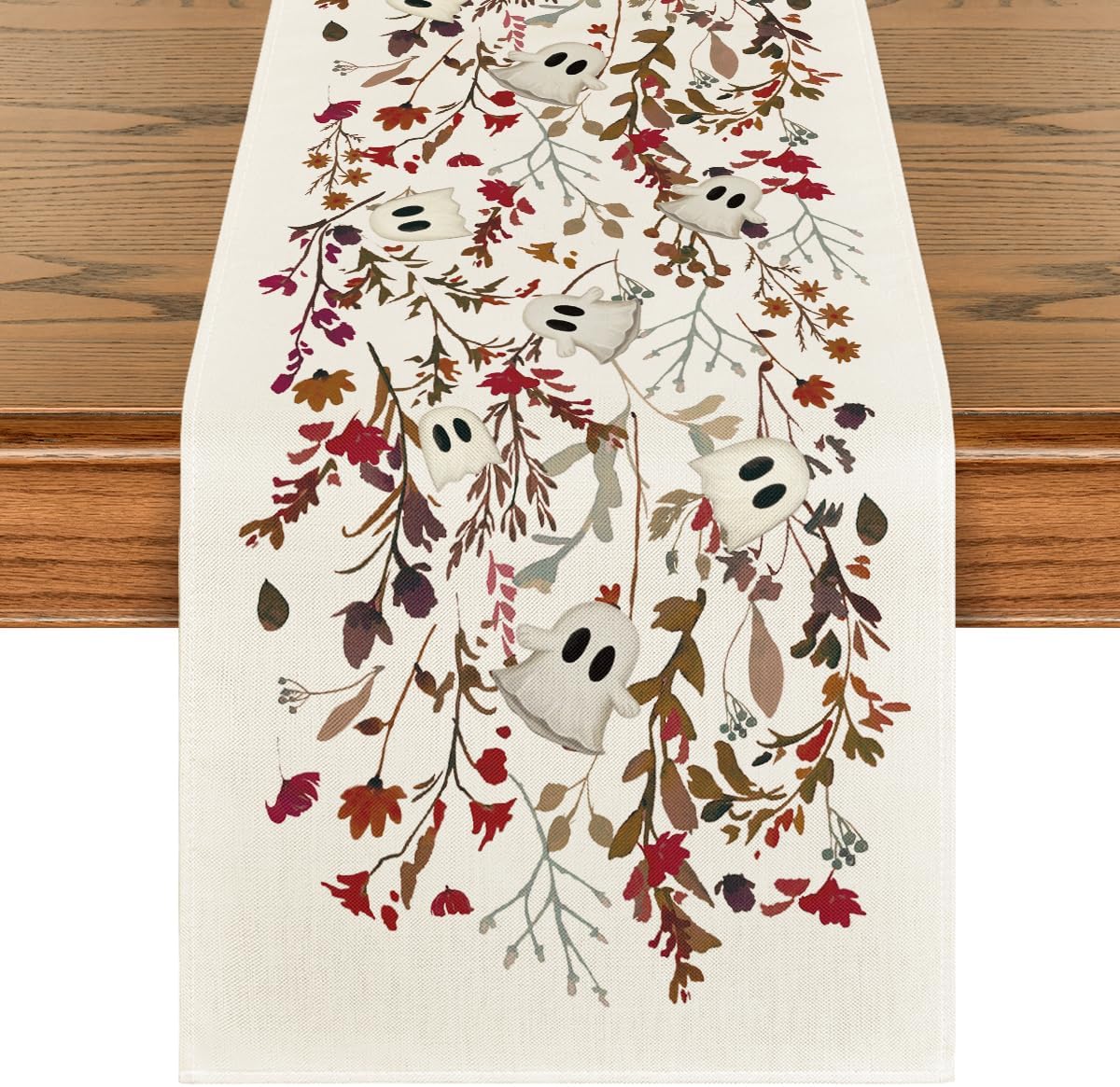 Artoid Mode Ghost Flowers Leaves 210 GSM Halloween Table Runner,Seasonal Fall Kitchen Dining Table Decoration for Home Party Decor 13x108 Inch