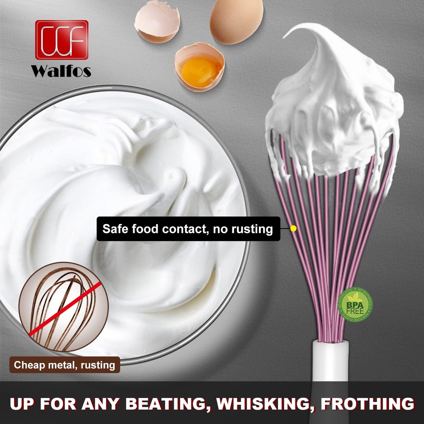 Walfos Whisk, Silicone Whisks for Cooking & Baking Non Scratch Rubber Coated Pink Whisk for Non-stick Wisk, Perfect for Frothing, Blending, Beating and Whisking (3pack Pink)