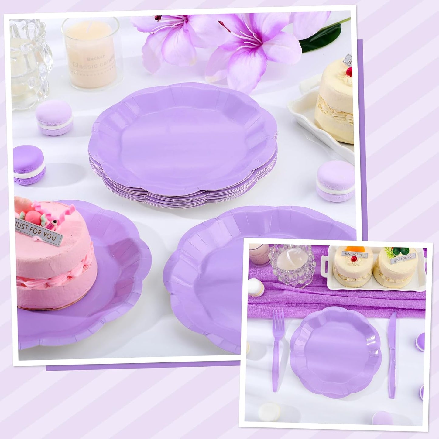 30pcs Purple Paper Plates, 7 in Scalloped Purple Dessert Cake Plates Cute Lavender Plate Disposable Party Plate for Weeding, Birthday, Baby Shower