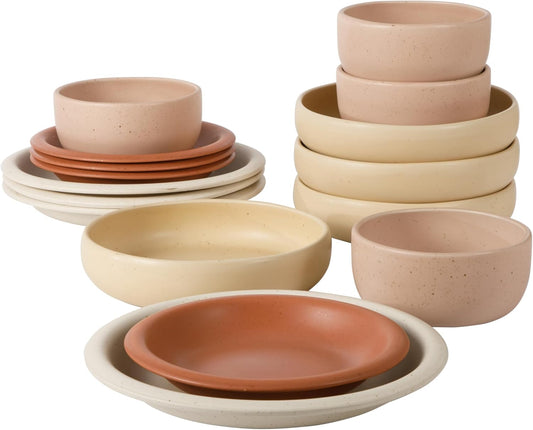 Bloomhouse Corsica Clay 16 Piece Stoneware Rustic Reactive Glaze Dinnerware Set - Stackable Plates and Bowls Set. Service for 4 - Matte Assorted Colors